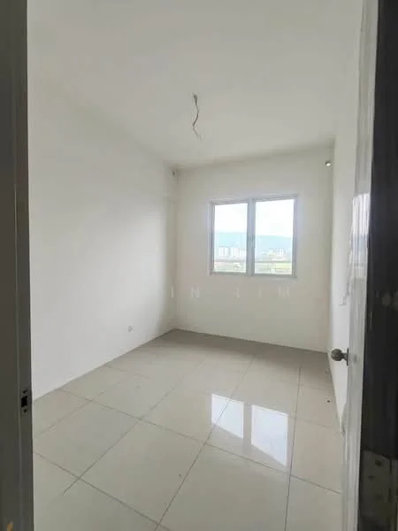 Room features: white painted walls, glossy tile flooring, floor-to-ceiling windows, natural light from windows, single light fixture on ceiling; view: city.