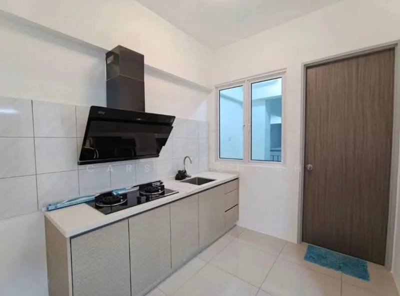 Kitchen features: light grey cabinetry, white tiled backsplash, stainless-steel range hood, built-in gas hob, single-bowl stainless-steel sink, chrome pull-down faucet, white ceramic tile flooring, window with view to outside, door leading to another room; style: modern.