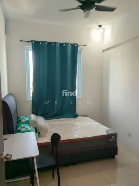 Bedroom features: queen-size bed, upholstered headboard, green and white bedding, 2 windows with sheer curtains, ceiling fan, light fixture, white painted walls, tile flooring, study desk, black chair; style: modern.