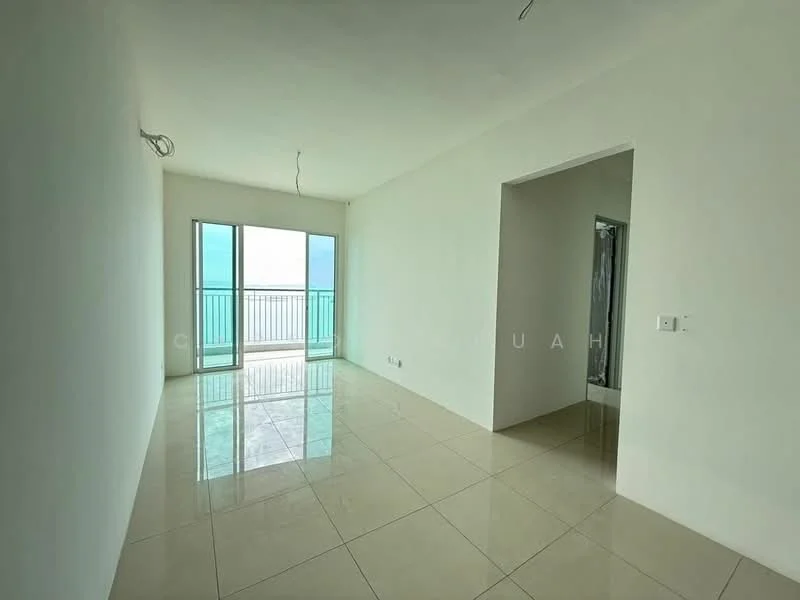 Living features: white painted walls, glossy tile flooring, floor-to-ceiling sliding glass door, balcony access, natural light, neutral color scheme, no visible furniture, open layout; style: modern; view: city. Room features: white painted walls, glossy tile flooring, doorway leading to bathroom, no visible furniture.