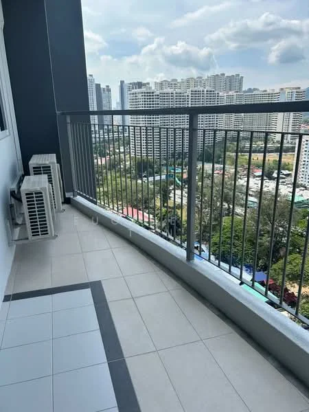 Balcony features: tiled flooring, metal railing, two wall-mounted air conditioning units, curved balcony shape, city view, grey wall, outdoor space; style: modern; view: city.