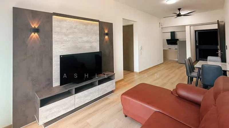 Living features: 3-seater leather sofa in red, wall-mounted TV, TV console with storage, feature wall with stone finish, 2 wall sconces, laminate flooring, ceiling fan, open layout to dining area, large window with view to balcony; style: modern. Dining features: 4-seater dining table, black dining chairs, open layout to living area; style: modern.