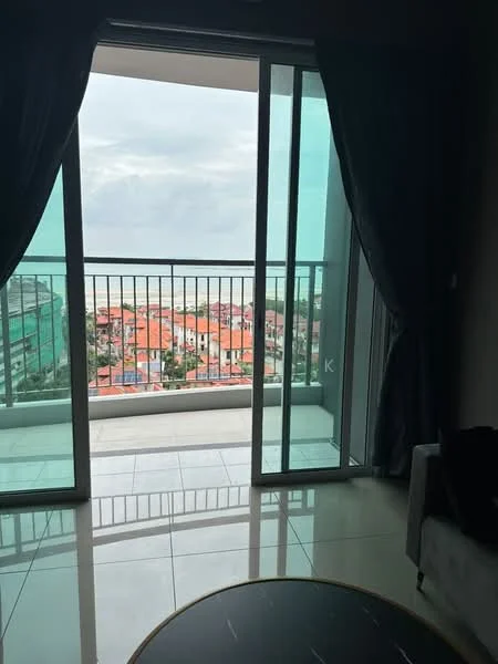 Room features: floor-to-ceiling sliding glass door, balcony with railing, grey curtains, white walls, glossy tile flooring, city view, outdoor space visible; style: modern; view: city.