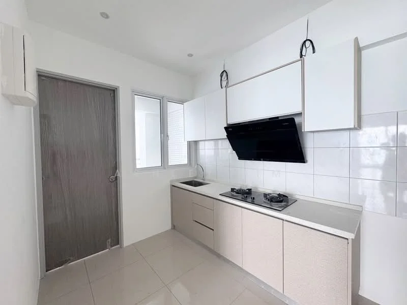 Kitchen features: white painted walls, light grey cabinetry, marble countertop, built-in gas hob, black range hood, single-bowl stainless-steel sink, ceramic tile flooring, window with natural light, door leading to another room, recessed lighting; style: modern.