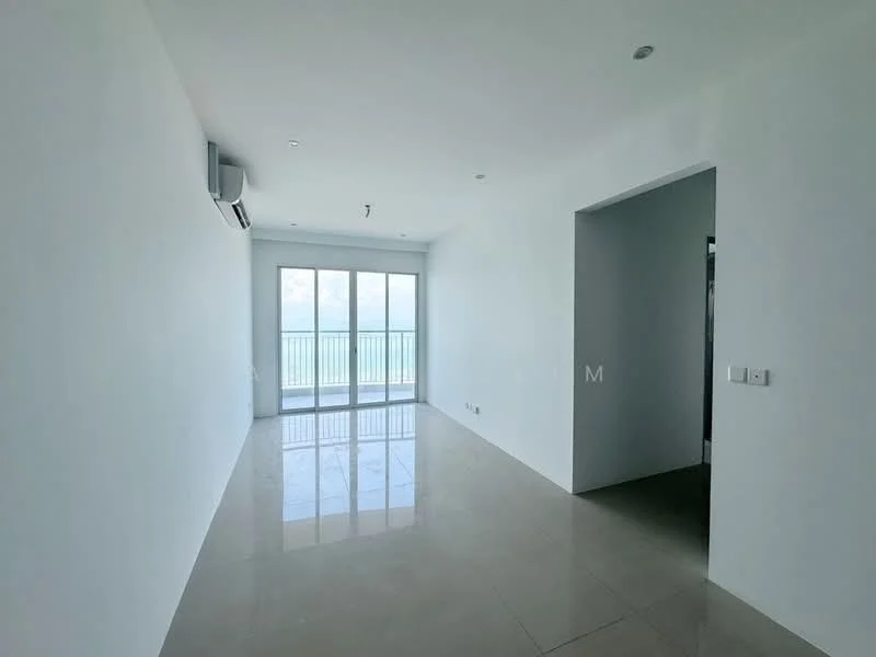 Room features: white painted walls, glossy tile flooring, floor-to-ceiling windows, sliding glass door, 1 wall-mounted split AC, natural light from windows, view of the sea, minimalist decor; style: modern; view: sea.