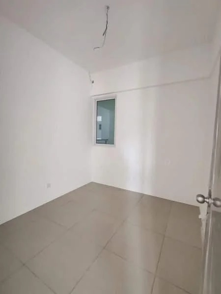 Room features: white painted walls, tile flooring, single window, ceiling light fixture, neutral color scheme; style: minimalist.