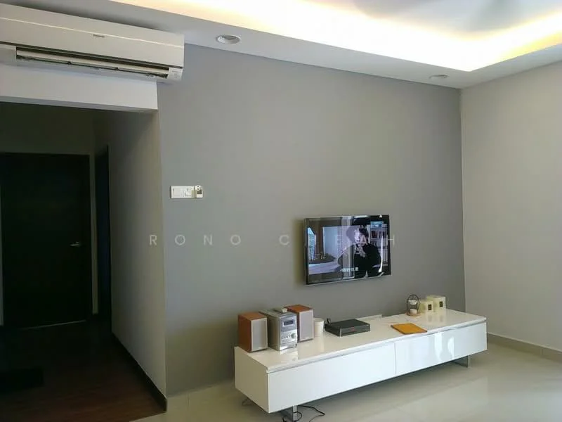 Living features: grey accent wall, white painted walls, polished tile flooring, recessed ceiling lights, wall-mounted TV, white TV console, air conditioning unit, decorative items on console; style: modern.