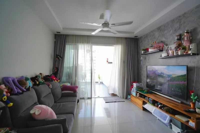 Living features: grey fabric sofa, 5-blade ceiling fan with light, floor-to-ceiling windows, sheer curtains, grey accent wall, white painted walls, polished tile flooring, wooden TV console, wall-mounted TV, decorative shelves, various plush toys, area rug; style: modern; view: city.