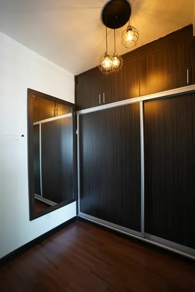 Room features: dark wood cabinetry, sliding mirrored wardrobe doors, wooden flooring, ceiling light fixture with exposed bulbs, white painted walls, full-length mirror, recessed lighting; style: modern.