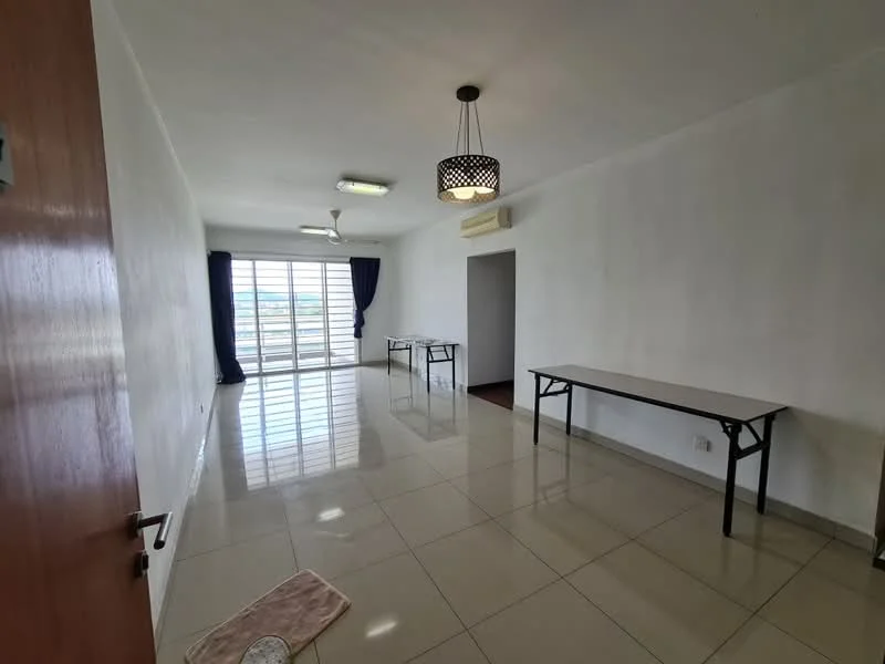Living features: white painted walls, glossy ceramic tile flooring, 5-blade ceiling fan with light, recessed downlights, large sliding glass door, floor-to-ceiling windows, curtains, two folding tables; style: modern; view: city.