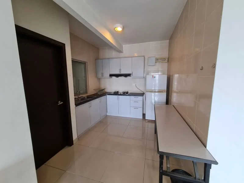 Kitchen features: white cabinetry, stainless-steel sink, 4-burner gas hob, built-in oven, white tiled backsplash, grey tiled flooring, refrigerator, countertop with space for appliances, window above sink, ceiling light fixture; style: modern.