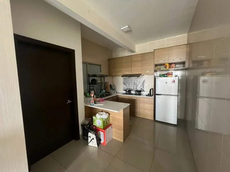 Kitchen features: brown wooden cabinetry, white tiled backsplash, stainless-steel fridge, built-in gas stove, exhaust hood, countertop with breakfast bar, ceramic tile flooring, sink, microwave, kettle, open shelving, wall-mounted mirror, under-sink storage; style: modern.