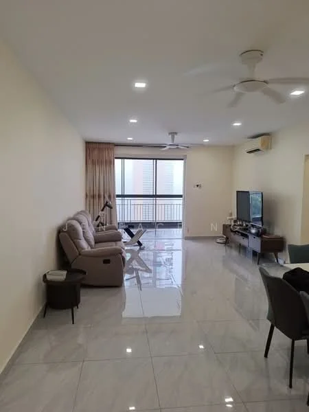 Living features: cream painted walls, marble tile flooring, 5-blade ceiling fan with light, floor-to-ceiling windows, sheer curtains, sofa in beige, recliner chair, TV console, wall-mounted TV, coffee table, dining table with chairs, air conditioning unit; style: modern; view: city.