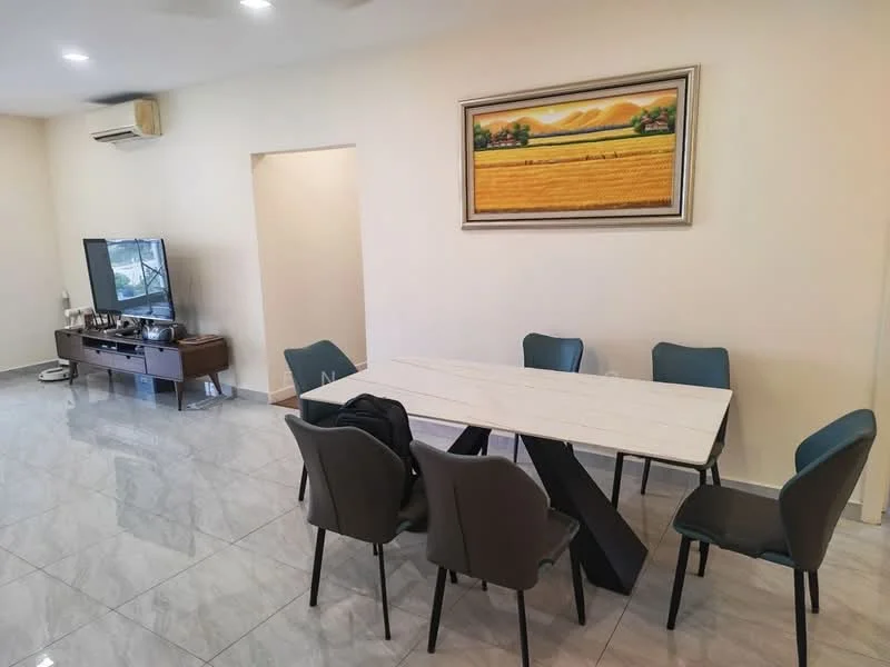 Dining features: rectangular dining table with white marble top, black metal legs on dining table, 4 upholstered dining chairs in grey, 2 additional dining chairs in black, wall-mounted TV, light-colored painted walls, glossy marble tile flooring, air conditioning unit on wall, framed artwork on wall; style: modern.