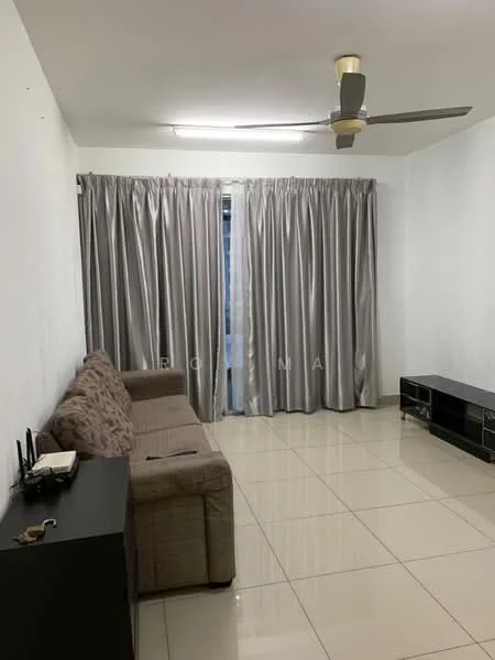 Living features: grey fabric sofa, ceiling fan, large floor-to-ceiling windows, grey curtains, white painted walls, glossy tile flooring, TV console, decorative wall clock, remote control, telephone, side table; style: modern.