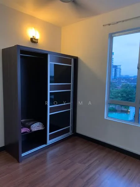 Bedroom features: wooden flooring, built-in wardrobe with sliding doors, window with city view, wall-mounted light fixture, neutral wall color, ceiling fan; style: modern; view: city.