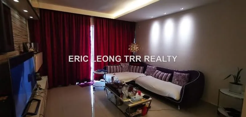 Living features: purple fabric sectional sofa, white throw pillows, glass coffee table, wall-mounted TV, wooden TV console, cream painted walls, recessed downlights, floor-to-ceiling red curtains, tile flooring, decorative pendant light; style: modern.