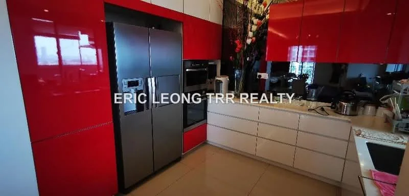 Kitchen features: red high-gloss cabinetry, white lower cabinetry, stainless-steel side-by-side fridge, built-in oven, ceramic cooktop, white countertop, undermount sink, chrome pull-down faucet, tile backsplash, recessed downlights, large window for natural light, open layout; style: modern; view: city.