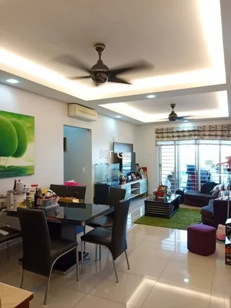 Living features: white painted walls, glossy tile flooring, recessed downlights, 5-blade ceiling fan, 2-seater fabric sofa, coffee table, TV console, wall-mounted TV, area rug, dining table with 4 chairs, glass display cabinet, large sliding glass door, curtains, decorative plants; style: modern; view: city.