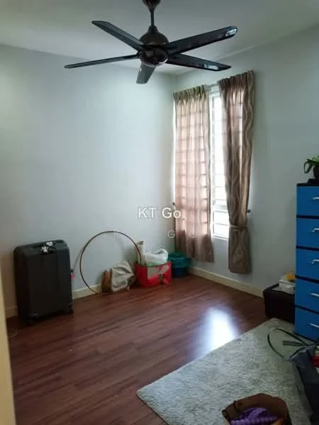 Room features: wooden flooring, white painted walls, 5-blade ceiling fan, floor-to-ceiling window, sheer curtains, decorative rug, blue dresser, suitcase, hula hoop, storage bags.