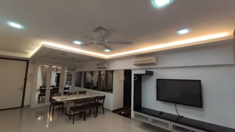 Living features: 5-blade ceiling fan with integrated LED light, recessed downlights, wall-mounted TV, TV console, dining table with chairs, mirrored wall, air conditioning unit, light wood cabinetry, cream painted walls, polished tile flooring, decorative LED strip lighting, open layout; style: modern.