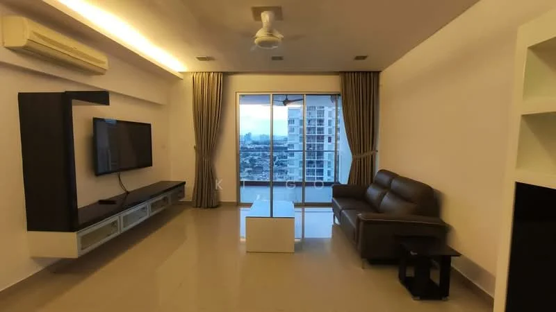 Living features: 3-seater leather sofa, coffee table, TV console, wall-mounted TV, floor-to-ceiling windows, curtains, ceiling fan, recessed lighting, light-colored walls, tile flooring; style: modern; view: city.