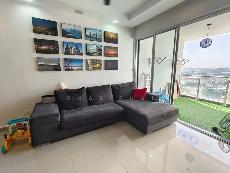Living features: L-shape sectional sofa in grey fabric, white walls, glossy tile flooring, floor-to-ceiling windows, city view, decorative wall art with multiple frames, recessed downlights, green carpeted balcony area, sliding glass door, wall-mounted clothes drying rack; style: modern; view: city.