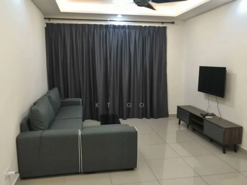 Living features: L-shape sectional sofa in grey, coffee table, wall-mounted TV, TV console in dark wood, grey curtains, recessed ceiling lights, polished ceramic tile flooring, ceiling fan; style: modern.