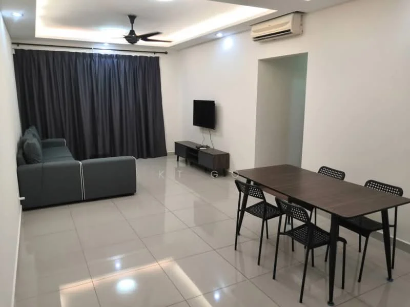 Living features: 3-seater fabric sofa in grey, wall-mounted TV, TV console, dining table with 6 black chairs, grey curtains, recessed downlights, ceiling fan, polished tile flooring, air conditioning unit, neutral wall color; style: modern.