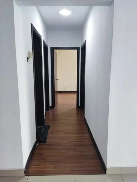 Hallway features: white painted walls, wood laminate flooring, recessed ceiling lights, black door frames, two doors on the left, one door on the right, open doorway at the end, baseboard trim; style: modern.