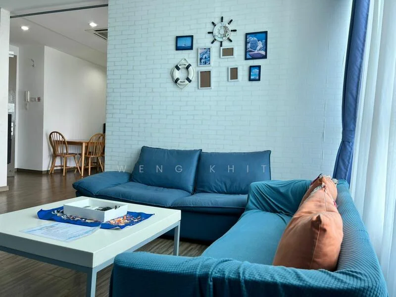 Living features: blue fabric sofa, orange throw pillow, white coffee table, decorative wall art with frames, white painted walls, wooden flooring, large windows with sheer curtains, wall-mounted clock, decorative life buoy; style: modern.