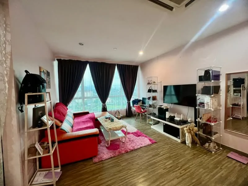 Living features: red L-shape sectional sofa, white coffee table, pink area rug, wall-mounted TV, black TV console, white shelving unit, large windows with sheer curtains, wood laminate flooring, decorative mirror, decorative items on shelves, potted plant; style: modern; view: city.