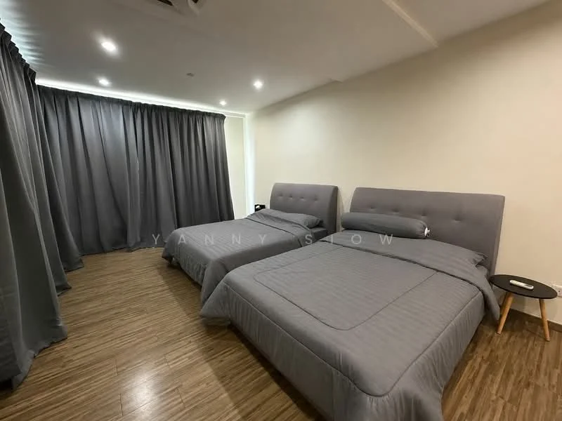 Bedroom features: two queen-size beds with grey upholstered headboards, grey bedding, wooden flooring, floor-to-ceiling curtains in grey, nightstand with round top, wall-mounted light fixture, neutral painted walls, recessed ceiling lights; style: modern.