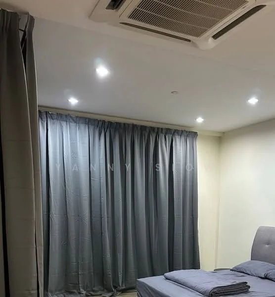 Room features: grey curtains, recessed LED downlights, wall-mounted split AC, bed with grey bedding, plain walls, neutral flooring; style: modern.