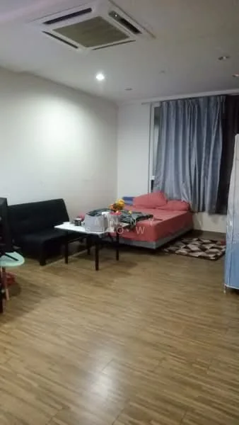 Living features: laminate flooring, white painted walls, recessed downlights, floor-to-ceiling window, grey curtains, black fabric sofa, pink bed with mattress, coffee table, area rug with geometric pattern, decorative items on table.