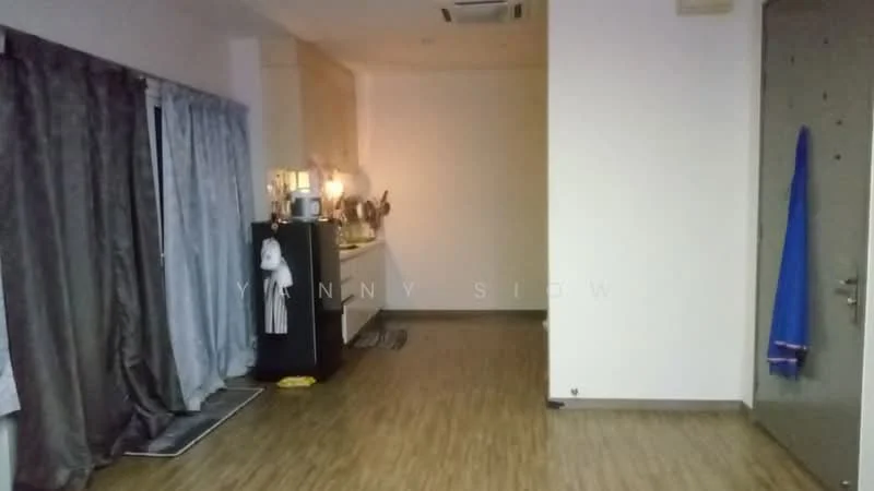 Room features: wooden flooring, grey curtains, white walls, ceiling-mounted air conditioning unit, countertop with decorative items, wall with grey paneling, door with metallic finish, area rug; style: modern.
