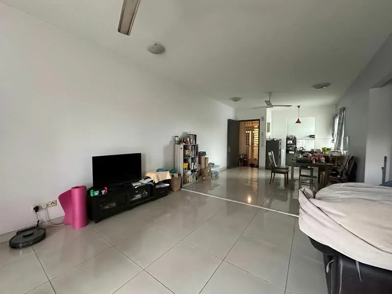Living features: white painted walls, glossy ceramic tile flooring, ceiling fan, wall-mounted TV, black TV console, dining table with chairs, kitchen area visible in background, open layout; style: modern.