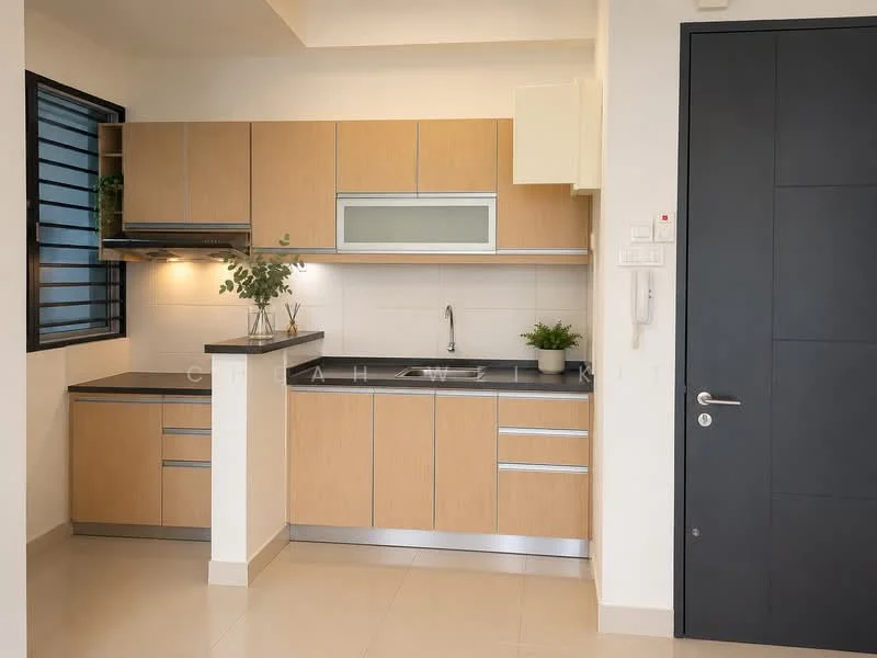 Kitchen features: light wood cabinetry, black countertop, stainless-steel sink, chrome pull-down faucet, built-in oven, stainless-steel range hood, ceramic tile flooring, white tiled backsplash, under-cabinet lighting, sliding window with black grills; style: modern.