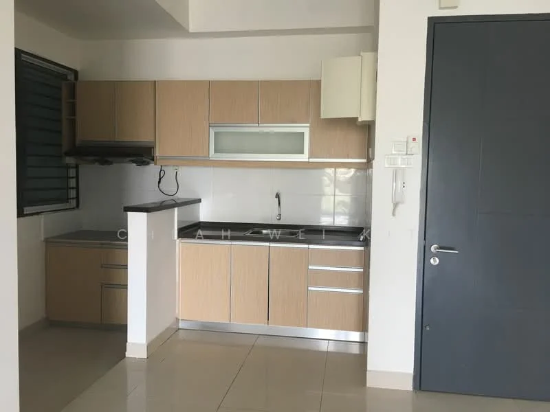 Kitchen features: laminate cabinetry in light wood, black countertop, single-bowl stainless-steel sink, chrome pull-down faucet, built-in oven, stainless-steel range hood, ceramic tile flooring, white tiled backsplash, window with horizontal slats, wall-mounted kitchen cabinet; style: modern.