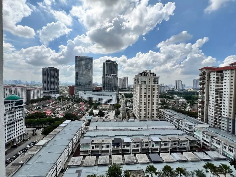 Exterior type: high-rise condominium; features: city skyline view, multiple high-rise buildings, mixed-use development, surrounded by greenery, open-air parking lot, modern architectural design, cloudy sky, urban landscape; style: modern.