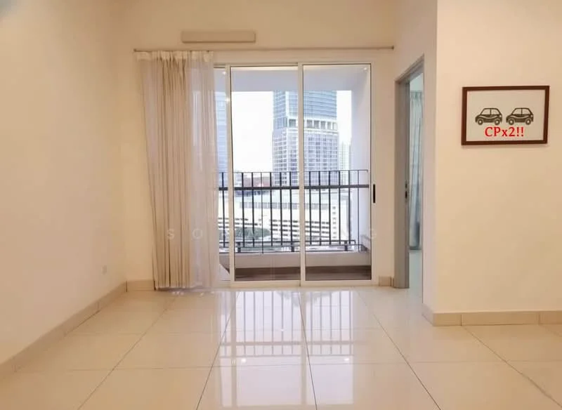 Room features: white painted walls, glossy tile flooring, floor-to-ceiling sliding glass door, sheer curtains, balcony access, city skyline view, light switch, air conditioning unit; style: modern; view: city.