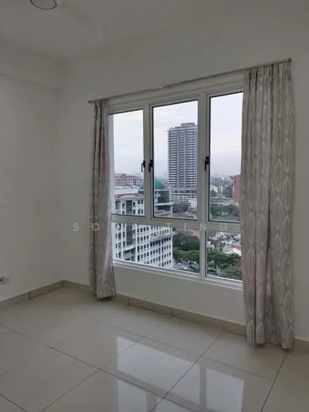 Room features: white painted walls, glossy ceramic tile flooring, floor-to-ceiling windows, sheer curtains, city view; style: modern; view: city.