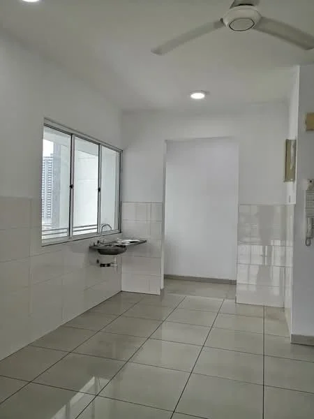Room features: white painted walls, glossy white tile flooring, single-bowl stainless-steel sink, chrome faucet, floor-to-ceiling windows, ceiling fan, recessed downlights; style: modern; view: city.