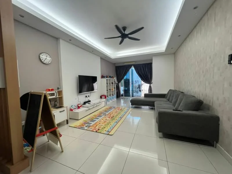 Living features: grey L-shape sectional sofa, white TV console, wall-mounted TV, recessed LED downlights, 5-blade ceiling fan, large sliding glass door, floor-to-ceiling curtains, decorative wall clock, white walls, glossy ceramic tile flooring, colorful area rug, open shelving unit; style: modern; view: city.