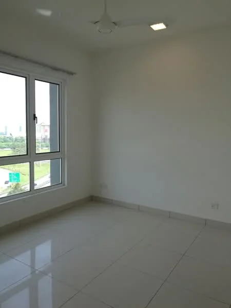 Room features: white painted walls, glossy ceramic tile flooring, 5-blade ceiling fan with light, floor-to-ceiling windows, city view; style: modern; view: city.