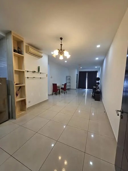 Living features: glossy ceramic tile flooring, white painted walls, recessed downlights, 5-blade ceiling fan, dining table with red chairs, black decorative stand, air conditioning unit, large windows with blackout curtains; style: modern.