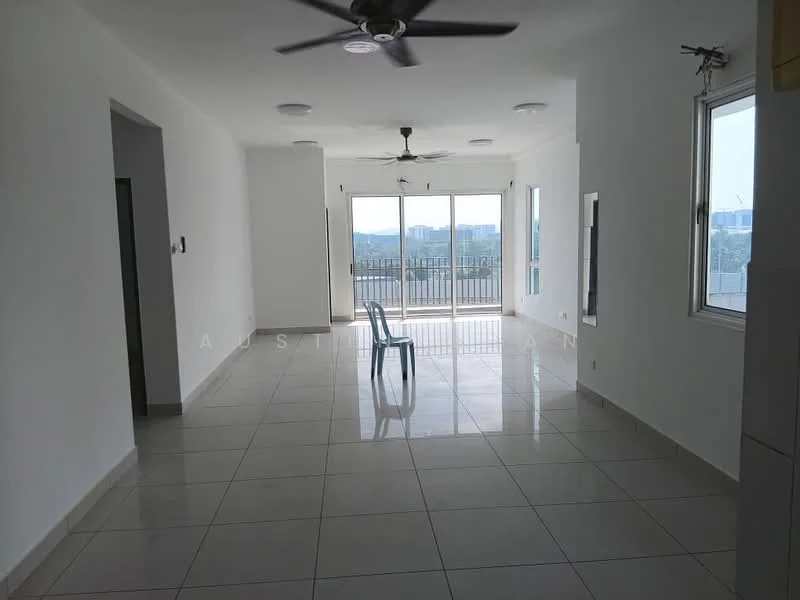 Living features: white painted walls, glossy ceramic tile flooring, 5-blade ceiling fan, recessed downlights, floor-to-ceiling windows, sliding glass door, balcony access, natural light from windows, single chair, open layout; style: modern; view: city.