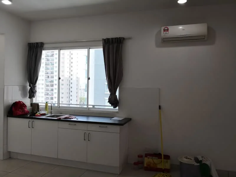 Kitchen features: white cabinetry with handles, black countertop, single-bowl stainless-steel sink, chrome faucet, window with city view, grey curtains, wall-mounted split AC, tile flooring, cleaning supplies, broom, food storage boxes; style: modern; view: city.