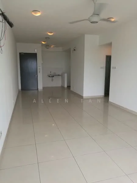 Room features: white painted walls, polished ceramic tile flooring, recessed downlights, 2 ceiling fans, single door, wall-mounted sink, open layout, neutral color scheme; style: modern.