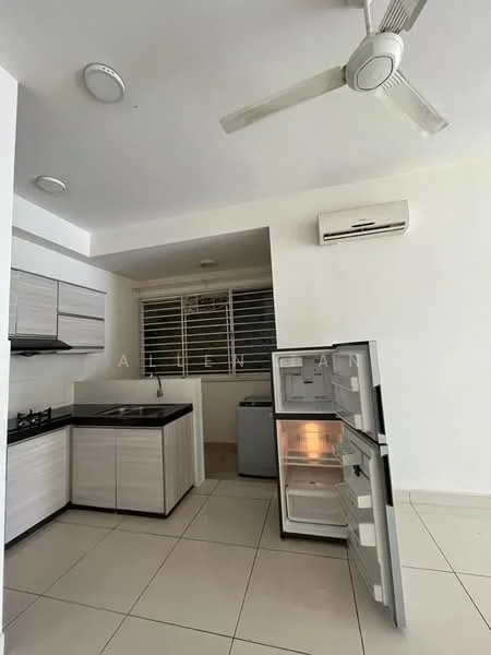 Kitchen features: white cabinetry with flat-panel design, black countertop, double-bowl stainless-steel sink, chrome pull-down faucet, built-in gas hob, stainless-steel range hood, refrigerator, wall-mounted split AC, ceiling fan, white tiled flooring, window with horizontal grilles, light fixtures in ceiling; style: modern.